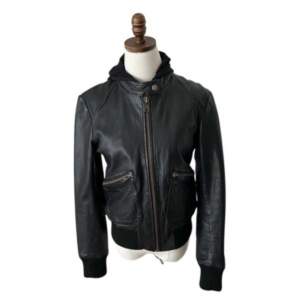 Doma Womens Large Black Leather Bomber Jacket Removable Hood Moto Ribbed Hem